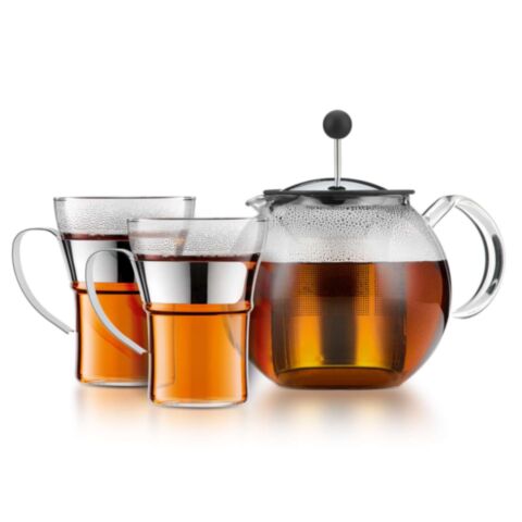 Assam Set Theepers Set met RVS Filter en Kunststof Deksel 500 ml Zwart met 2 Glazen
