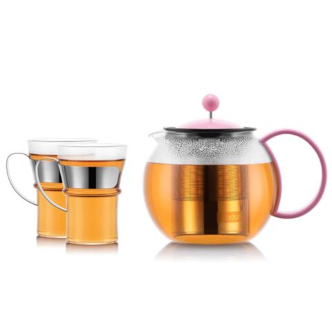 Assam Set Theepers Set met RVS Filter en Kunststof Deksel 500 ml Roze met 2 Glazen